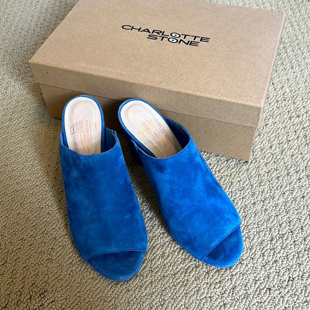Charlotte Stone Cobalt Blue Suede Open Toe Mule Heels